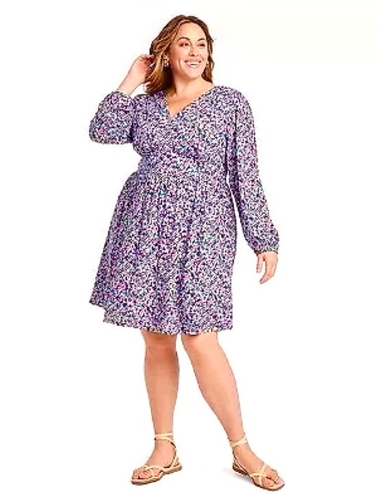 Ava & Viv Dresses & Skirts - Ava & Viv Women’s Lavender Black Floral Long Sleeve V Neck Dress Size 1X NWT